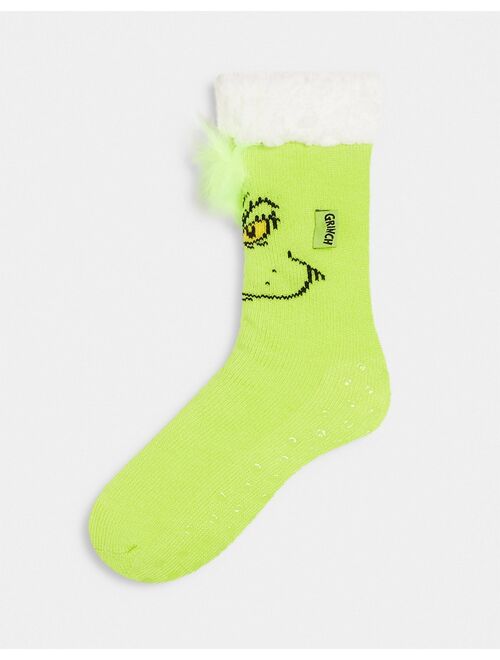 ASOS DESIGN Christmas slipper socks in green with Grinch face