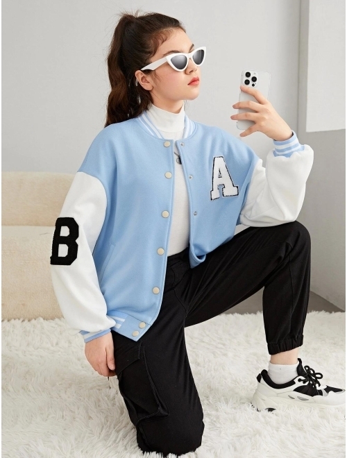 SHEIN Teen Girls Letter Patched Varsity Jacket