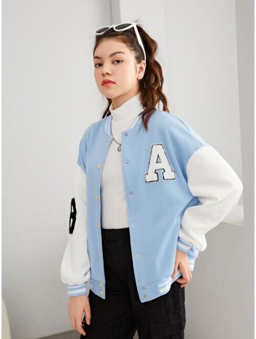SHEIN Teen Girls Letter Patched Varsity Jacket