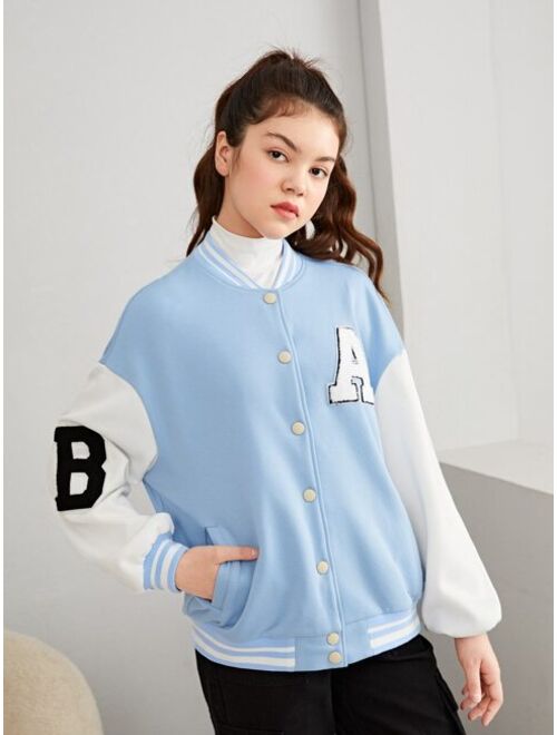 SHEIN Teen Girls Letter Patched Varsity Jacket