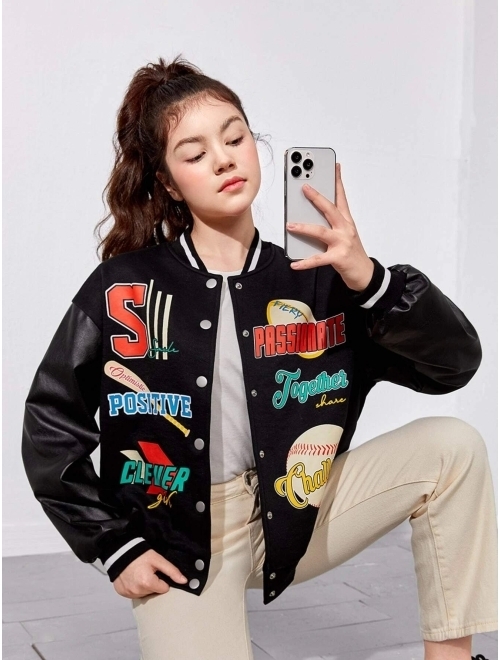 SHEIN Teen Girls Press Buttoned Letter Graphic Thermal Varsity Jacket