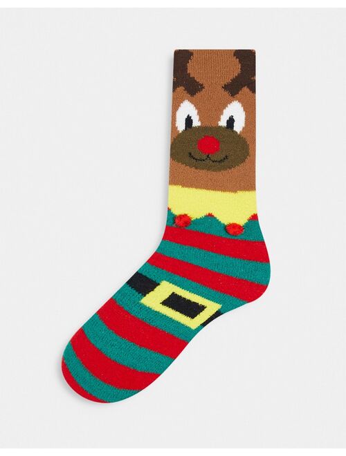 ASOS DESIGN Christmas slipper socks in red with reindeer and stripe