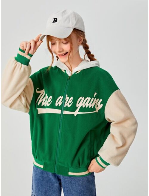 SHEIN Teen Girls Slogan Graphic Two Tone Drop Shoulder Overcoat