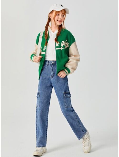 SHEIN Teen Girls Slogan Graphic Two Tone Drop Shoulder Overcoat