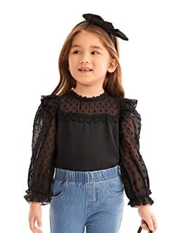 Toddler Girl's Swiss Dots Round Neck Sheer Long Sleeve Lace Trim Blouse Top