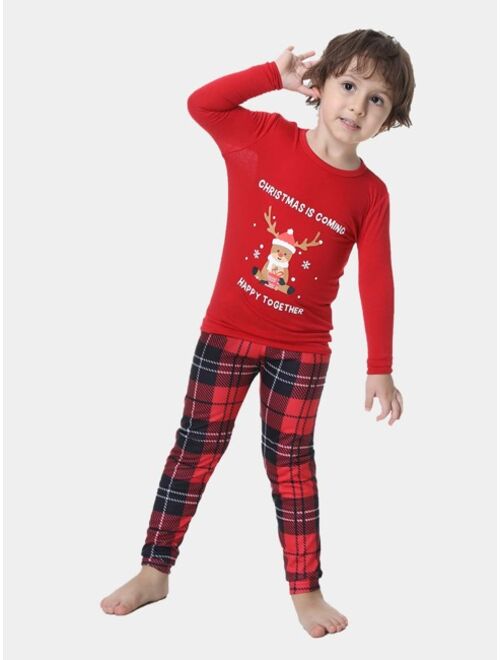 Shein Boys 1pc Christmas Print Tee & 1pc Plaid Pants