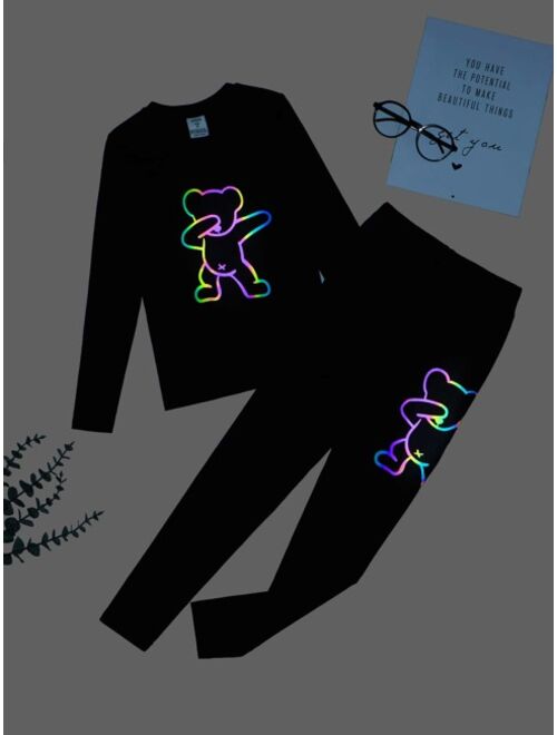 SHEIN Boys Reflective Bear Print Snug Fit Tee & Pants Lounge Set
