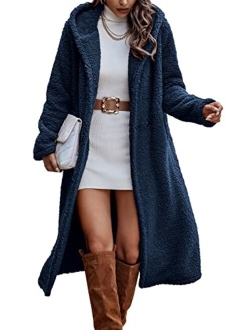 Women's 2022 Winter Coats Fuzzy Fleece Long Hooded Jackets Button Down Faux Fur Warm Outwear with Pockets