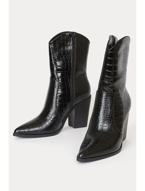 Lulus Eleora Black Crocodile-Embossed Mid-Calf High Heel Boots