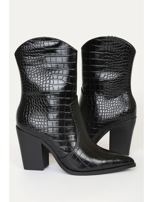 Lulus Eleora Black Crocodile-Embossed Mid-Calf High Heel Boots
