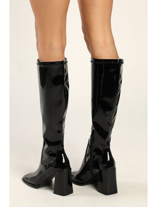 Lulus Michella Black Patent Square Toe Knee High Boots