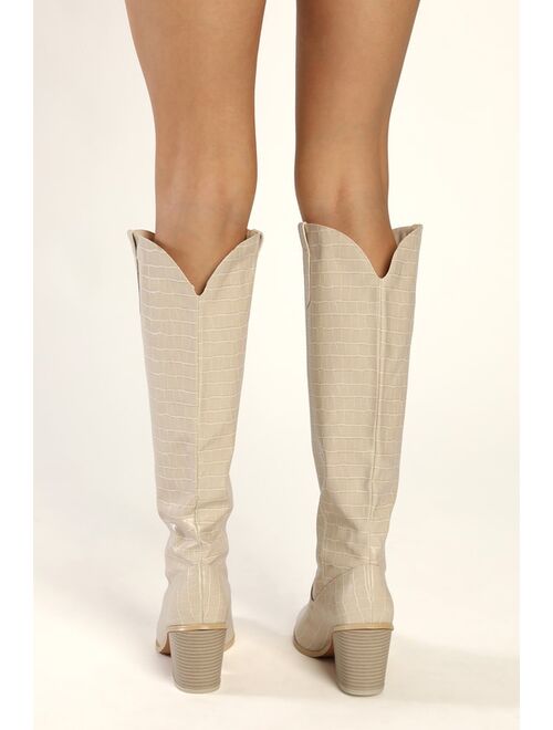 Lulus Renuu Bone Crocodile-Embossed Pointed-Toe Knee-High Boots