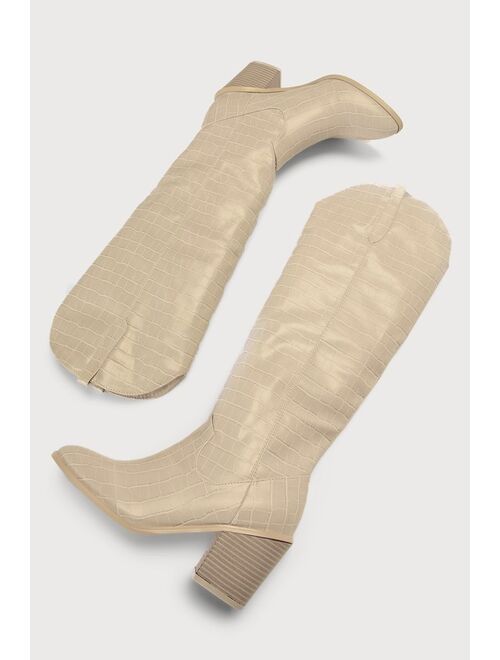 Lulus Renuu Bone Crocodile-Embossed Pointed-Toe Knee-High Boots