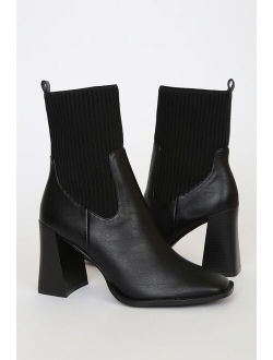 Naynee Black Crocodile-Embossed Square Toe Mid-Calf Boots