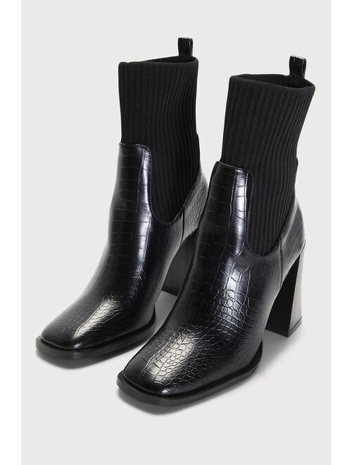 Lulus Naynee Black Crocodile-Embossed Square Toe Mid-Calf Boots
