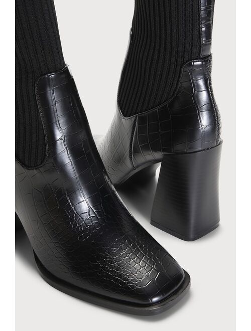 Lulus Naynee Black Crocodile-Embossed Square Toe Mid-Calf Boots
