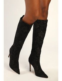 Estera Black Floral Jacquard Pointed-Toe Knee-High Boots