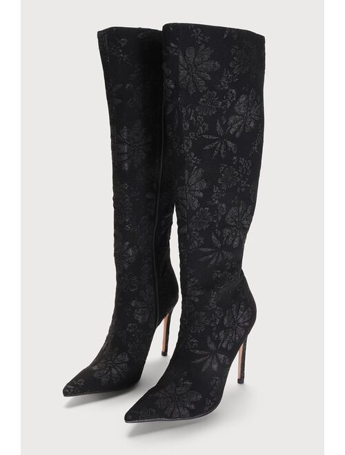 Lulus Estera Black Floral Jacquard Pointed-Toe Knee-High Boots