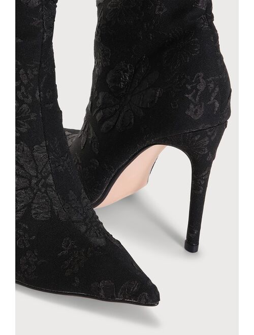 Lulus Estera Black Floral Jacquard Pointed-Toe Knee-High Boots