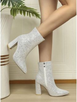 Little Thumb Fashion8278 shoes store Zipper Side Sequin Decor Point Toe Chunky Heeled Classic Boots