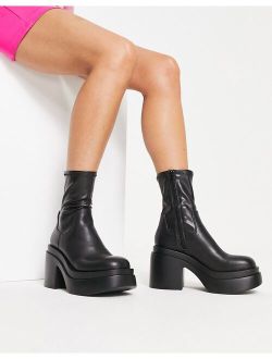 Raven chunky mid-heeled sock boots in black