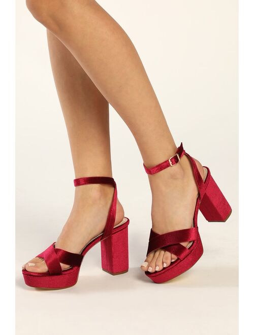 Lulus Selah Burgundy Velvet Ankle Strap Heels