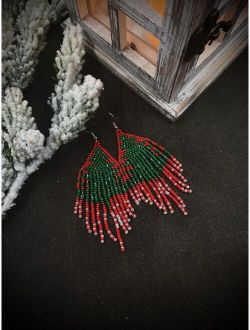 Christmas Tree Detail Beaded Tassel Drop Earrings