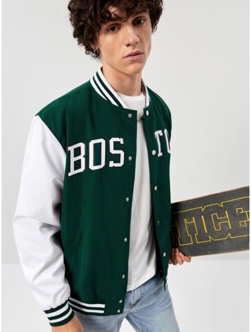SHEIN Boys Slogan Graphic Colorblock Thermal Lined Varsity Jacket