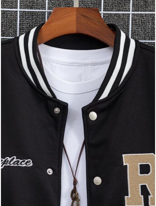 ROMWE Guys Letter Patched Striped Trim Drop Shoulder Varsity Jacket