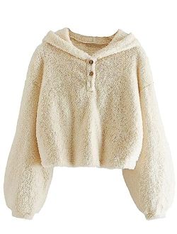 GAMISOTE Kids Girl's Fuzzy Hoodies Warm Loose Button Down Pullover Sherpa Jacket Top