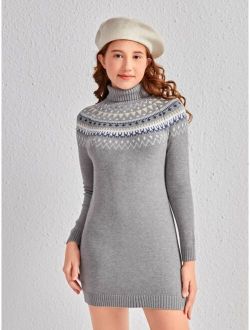 Teen Girls Geo Pattern Turtle Neck Sweater Dress