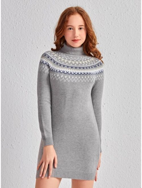 SHEIN Teen Girls Geo Pattern Turtle Neck Sweater Dress