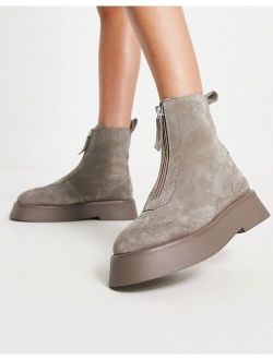 Atlantis leather zip front boots in taupe suede