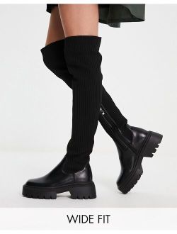 Simmi Wide Fit Simmi London Wide Fit Reign knitted over the knee second skin boots in black