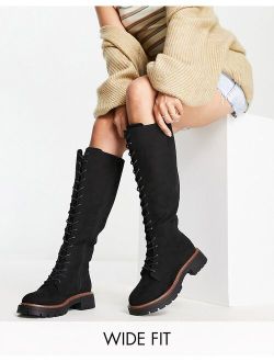 Wide Fit Carolina chunky lace up knee high boots in black