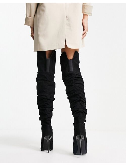 ASOS DESIGN Kingdom heeled ruched over the knee boots in black