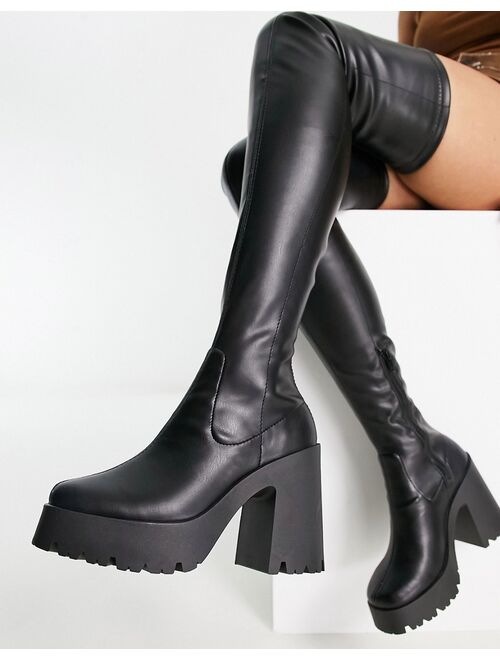 ASOS DESIGN Karma heeled cleated over the knee boots in black