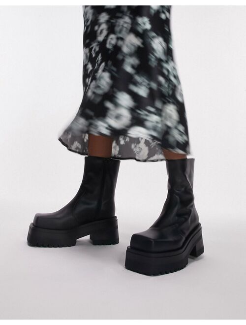 Topshop Beth premium leather square toe ankle boot in black