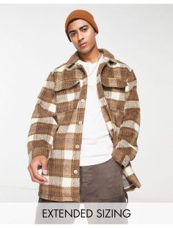wool mix plaid shacket in brown