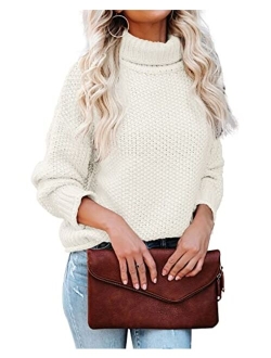 Lynwitkui Women Turtleneck Sweaters Batwing Sleeve Casual Loose Chunky Pullover Sweater Knit Tops