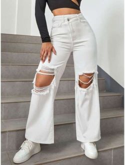Cut Out Ripped Frayed Straight Leg Jeans