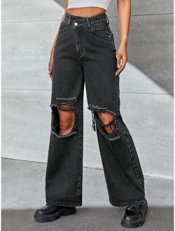Cut Out Ripped Frayed Straight Leg Jeans
