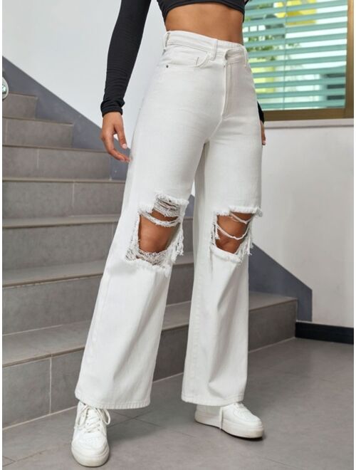Shein Cut Out Ripped Frayed Straight Leg Jeans