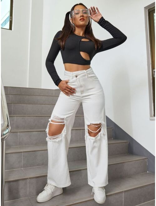 Shein Cut Out Ripped Frayed Straight Leg Jeans