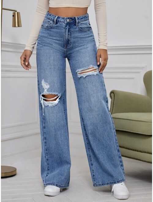 Shein High Waist Ripped Wide Leg Jeans