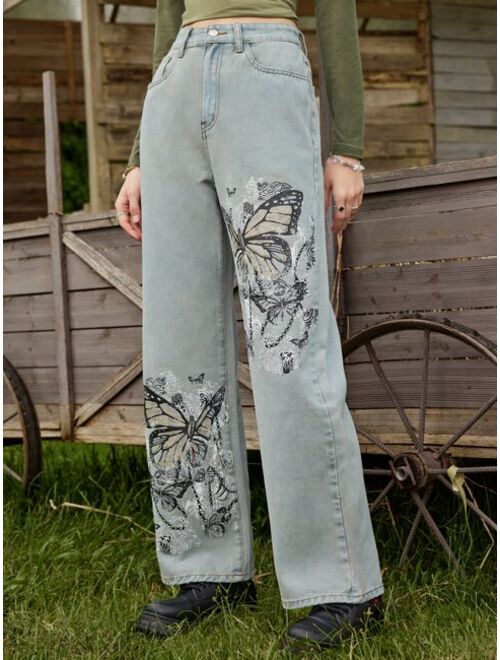 ROMWE Fairycore Butterfly Graphic Straight Leg Jeans
