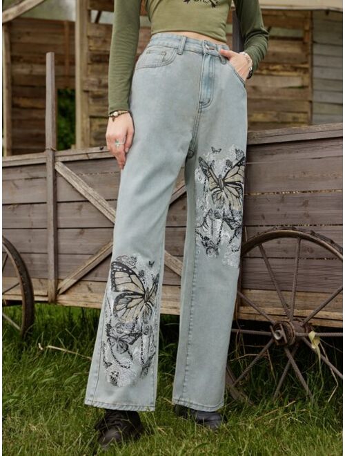 ROMWE Fairycore Butterfly Graphic Straight Leg Jeans