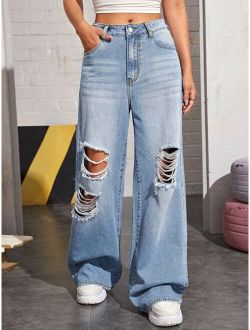 Bleach Wash High-Rise Wide Leg Jeans