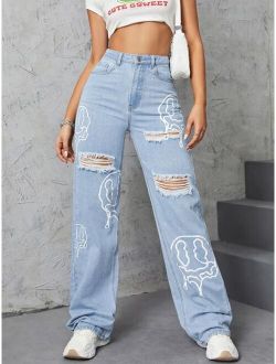 Cartoon Face Graphic Ripped Wide Leg Jeans