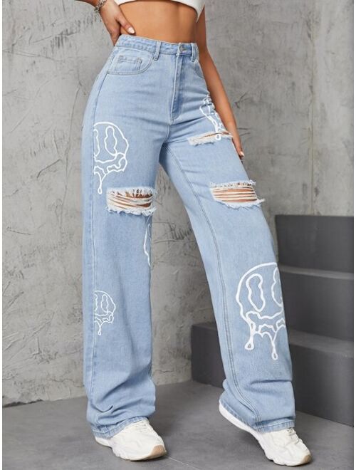 Shein Cartoon Face Graphic Ripped Wide Leg Jeans